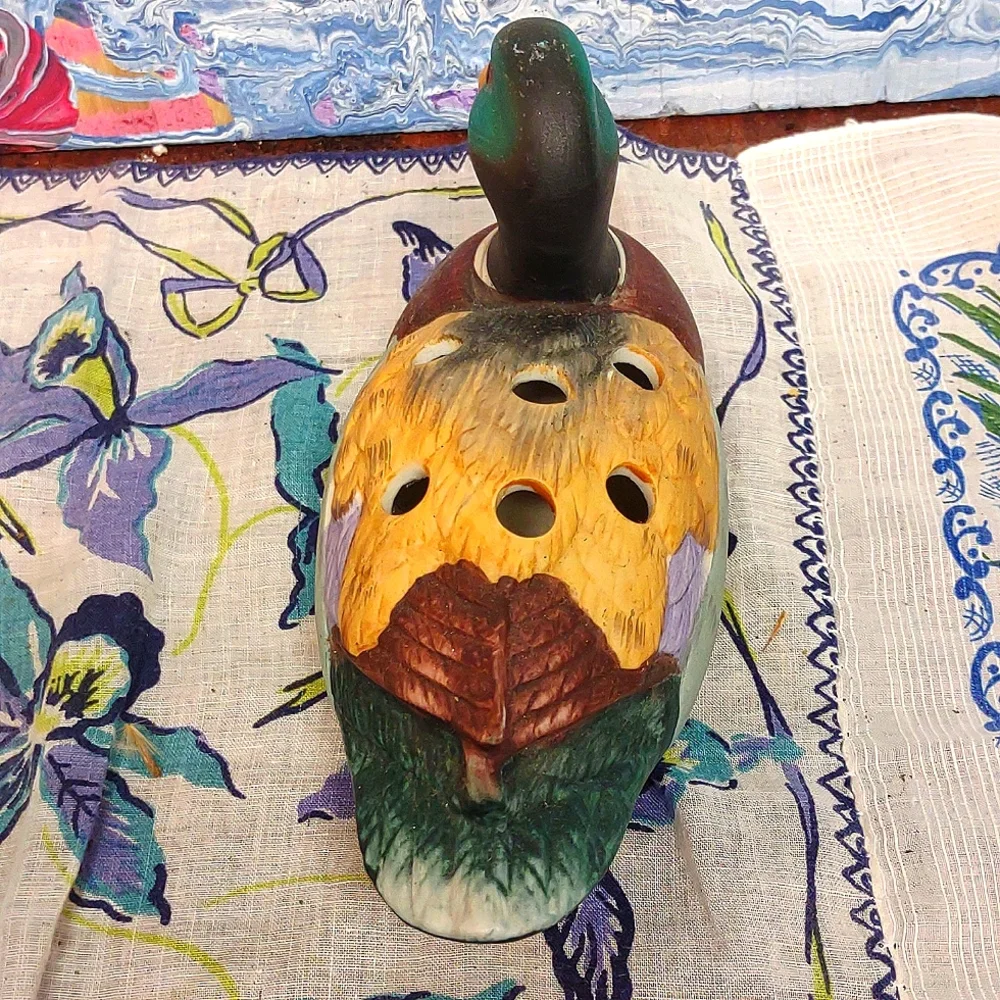 Porcelain Hand Painted Figural Mallard Duck Pencil Holder Vintage